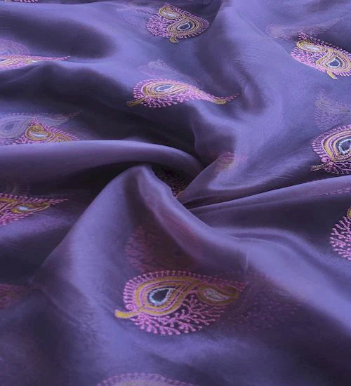 Greyish Purple Multi Thread Embroidered Organza Fabric