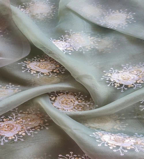 Pastel Green Floral Embroidered  With Zari Work Organza Fabric