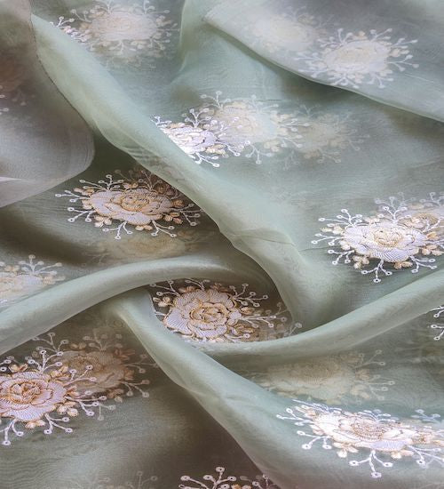 Pastel Green Floral Embroidered With Zari Work Organza Fabric