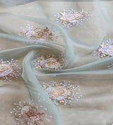 Pastel Green Floral Embroidered With Zari Work Organza Fabric