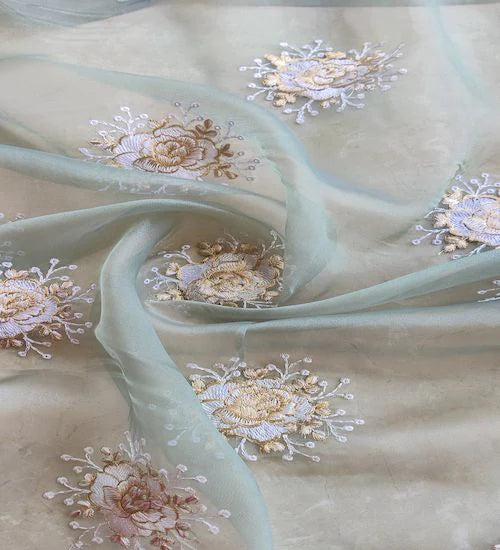 Pastel Green Floral Embroidered With Zari Work Organza Fabric