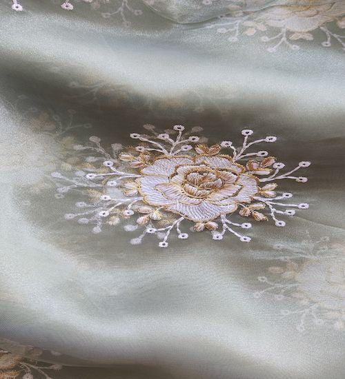 Pastel Green Floral Embroidered With Zari Work Organza Fabric