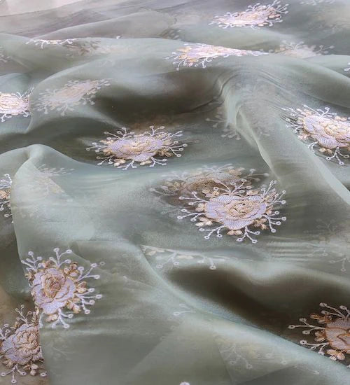 Pastel Green Floral Embroidered  With Zari Work Organza Fabric