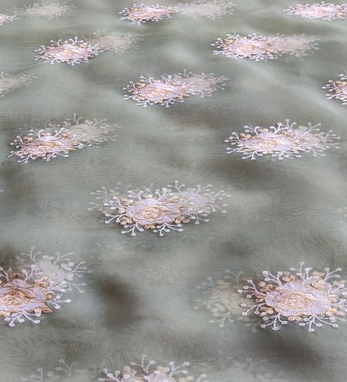 Pastel Green Floral Embroidered  With Zari Work Organza Fabric