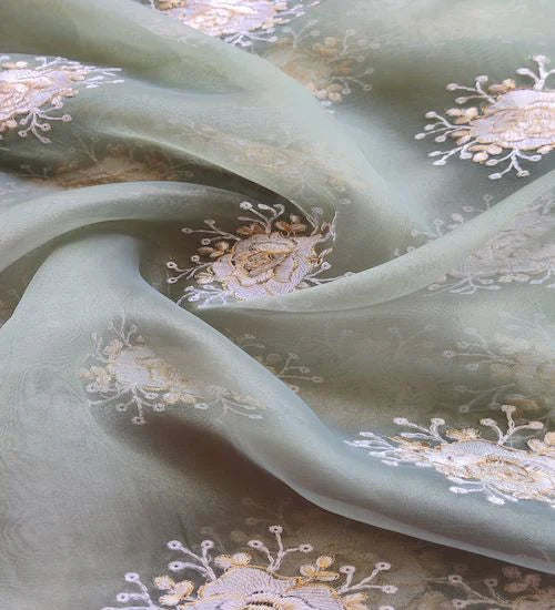 Pastel Green Floral Embroidered  With Zari Work Organza Fabric