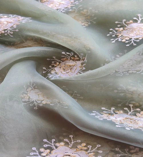 Pastel Green Floral Embroidered With Zari Work Organza Fabric