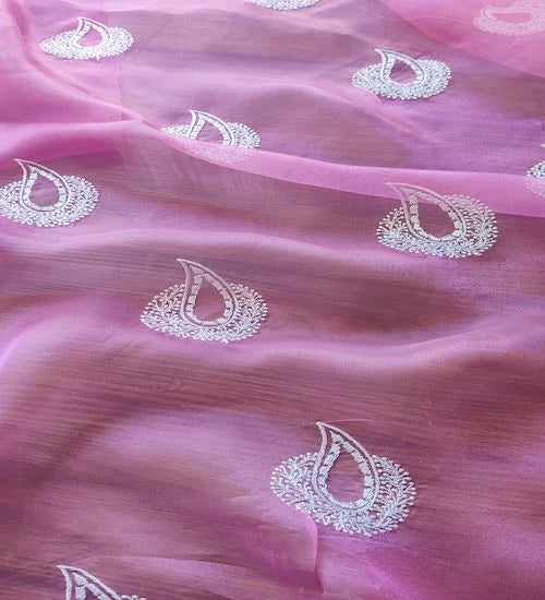 Pink & White Motifs Organza Fabric
