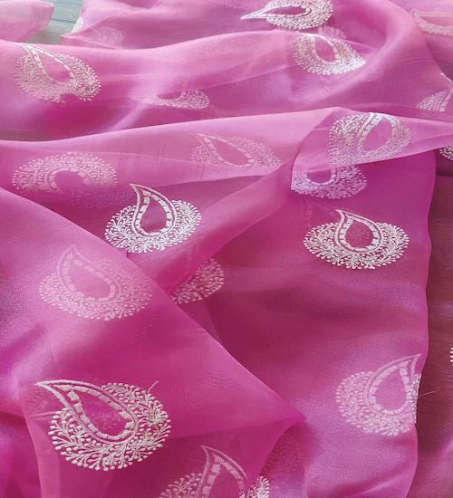 Pink & White Motifs Organza Fabric