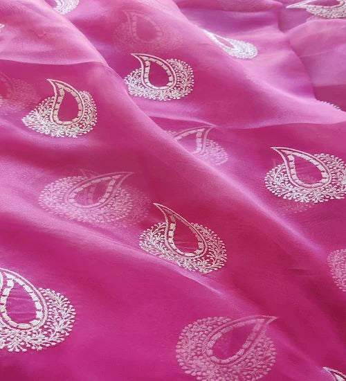 Pink & White Motifs Organza Fabric
