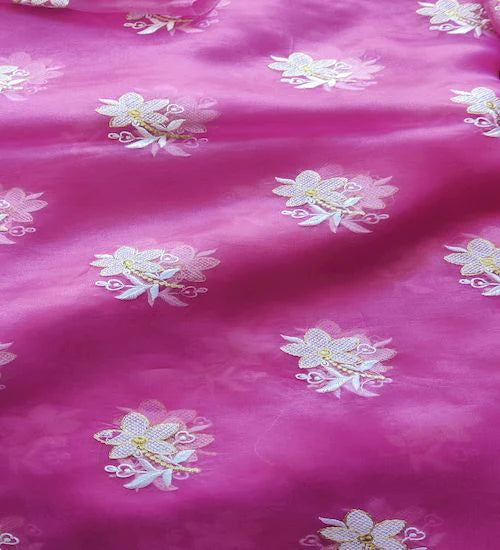 Pink & White Floral Thread And Zari Work Organza Fabric