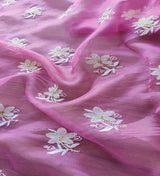 Pink & White Floral Thread And Zari Work Organza Fabric