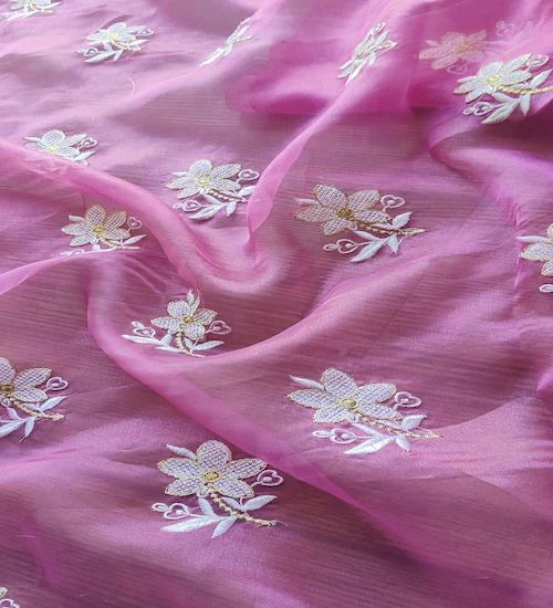Pink & White Floral Thread And Zari Work Organza Fabric