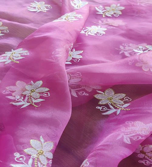 Pink & White Floral Thread And Zari Work Organza Fabric