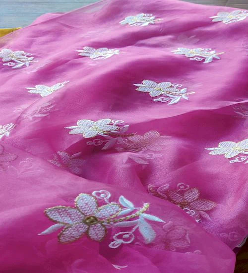 Pink & White Floral Thread And Zari Work Organza Fabric