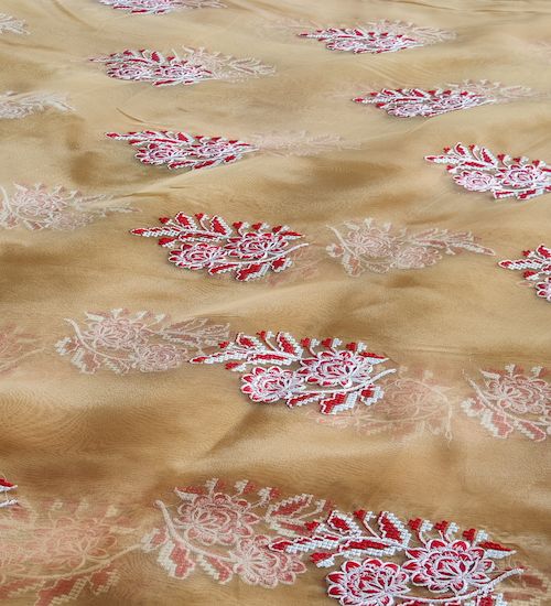 Golden & Red White Motifs Thread Embroidered Cross Stitch Organza Fabric