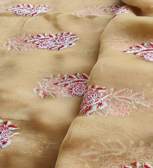 Golden & Red White Motifs Thread Embroidered Cross Stitch Organza Fabric