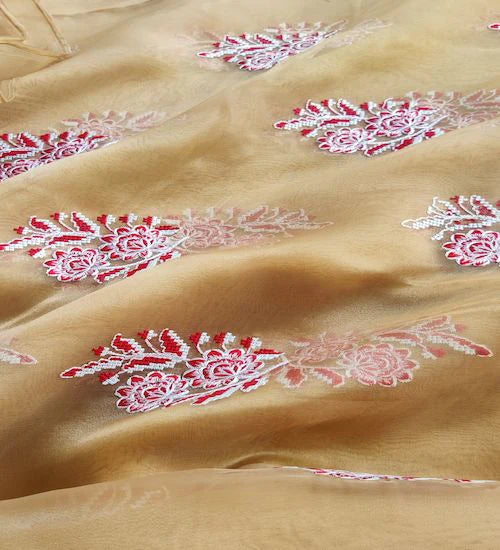 Golden & Red White Motifs Thread Embroidered Cross Stitch Organza Fabric