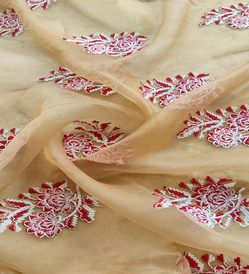 Golden & Red White Motifs Thread Embroidered Cross Stitch Organza Fabric