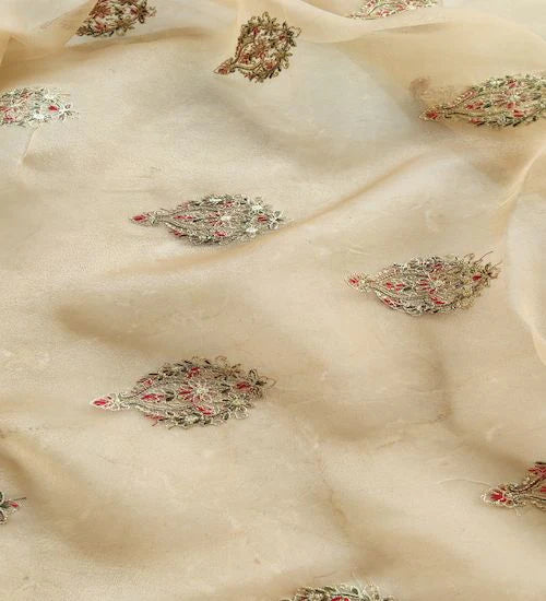 Cream Multicolor Motifs Kashmiri Embroidered Golden Organza Fabric