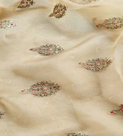 Cream Multicolor Motifs Kashmiri Embroidered Golden Organza Fabric