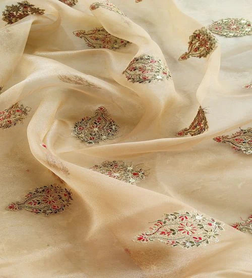 Cream Multicolor Motifs Kashmiri Embroidered Golden Organza Fabric
