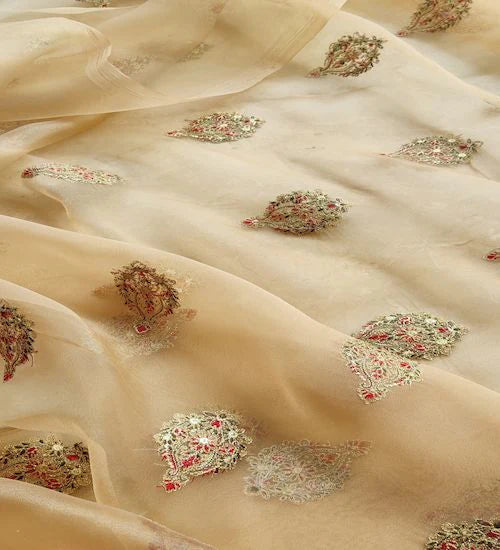 Cream Multicolor Motifs Kashmiri Embroidered Golden Organza Fabric