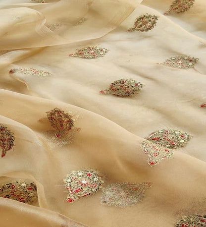 Cream Multicolor Motifs Kashmiri Embroidered Golden Organza Fabric