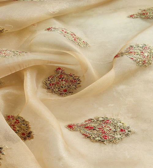 Cream Multicolor Motifs Kashmiri Embroidered Golden Organza Fabric