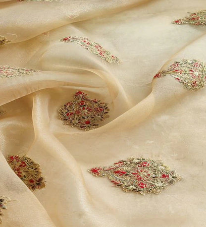Cream Multicolor Motifs Kashmiri Embroidered Golden Organza Fabric