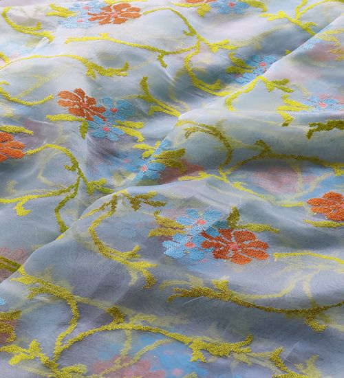 Multi Color Floral Embroidered Organza Fabric