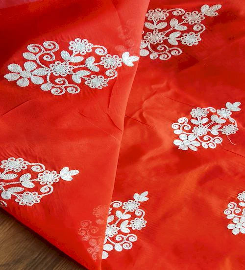 Reddish Motifs Embroidered Chanderi Fabric