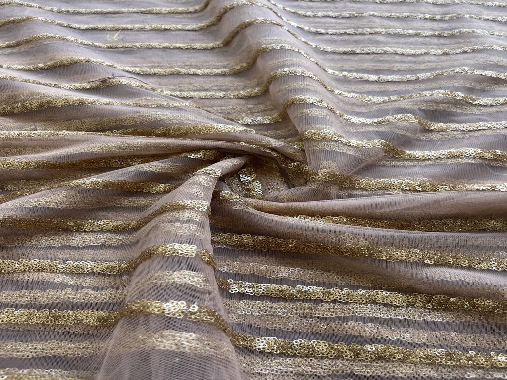 Peach Golden Sequence Work Embroidered Net Fabric