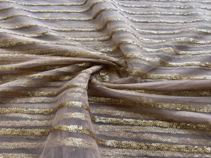 Peach Golden Sequence Work Embroidered Net Fabric
