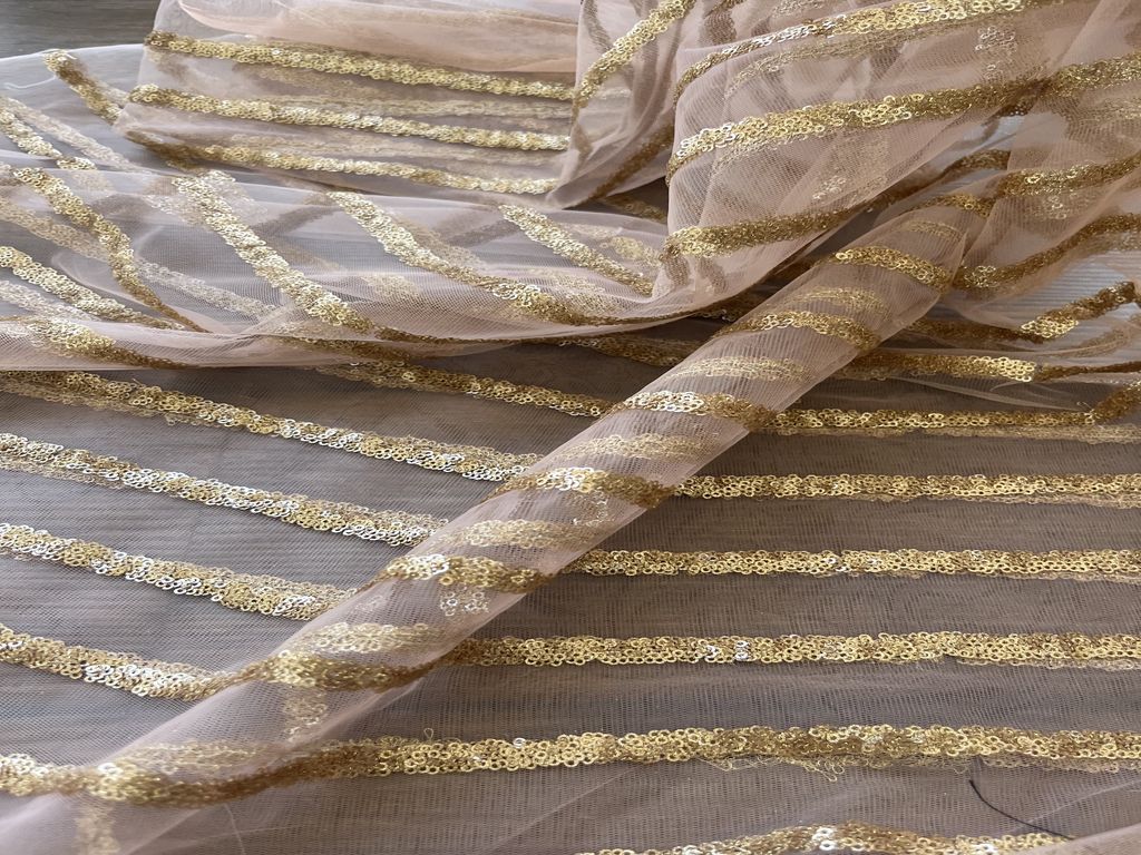 Peach Golden Sequence Work Embroidered Net Fabric