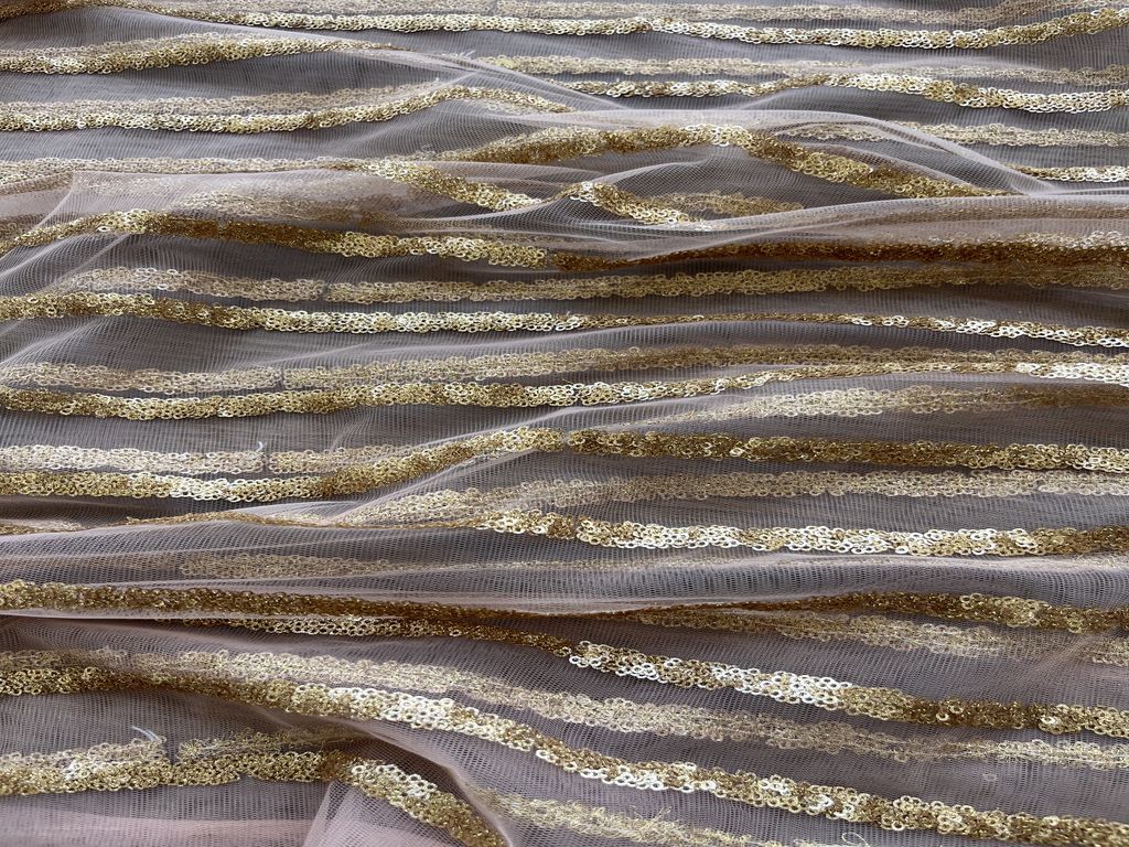 Peach Golden Sequence Work Embroidered Net Fabric
