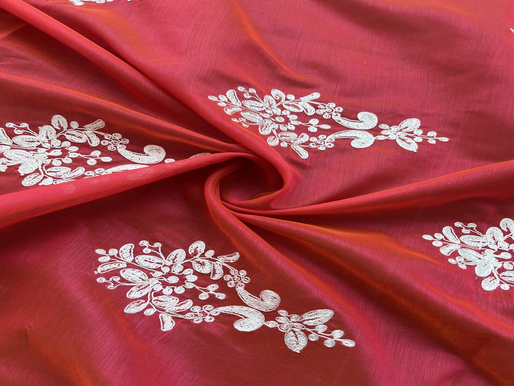 Pink Orange Dual Shaded With White Dori Embroidered Motifs Chanderi Fabric