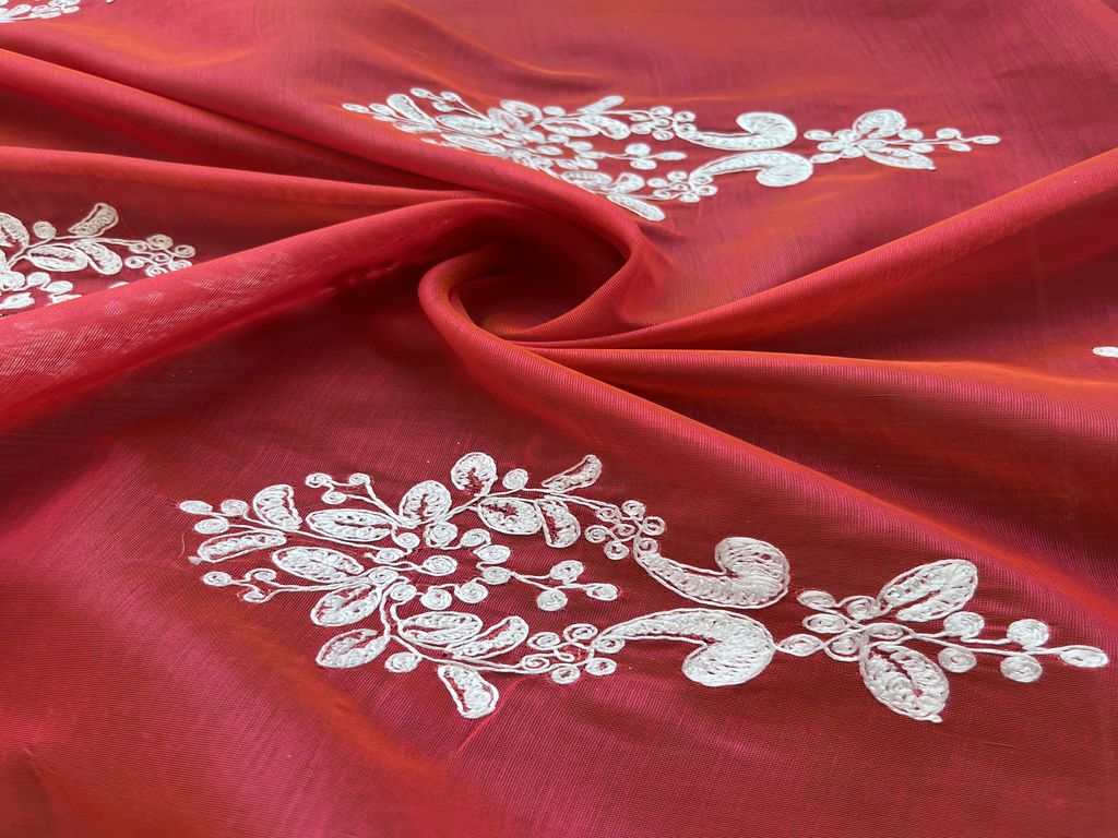 Pink Orange Dual Shaded With White Dori Embroidered Motifs Chanderi Fabric