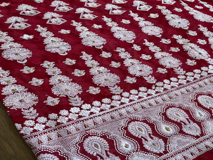 Magenta White Lakhnawi Embroidered Georgette Fabric