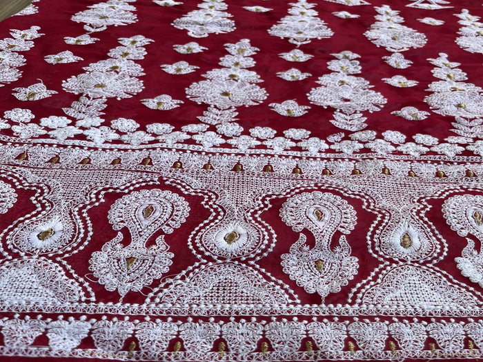 Magenta White Lakhnawi Embroidered Georgette Fabric