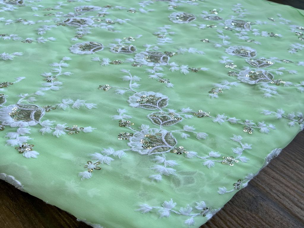 Mint Green Chikankari With Silver Sequins Embroidered Georgette Fabric