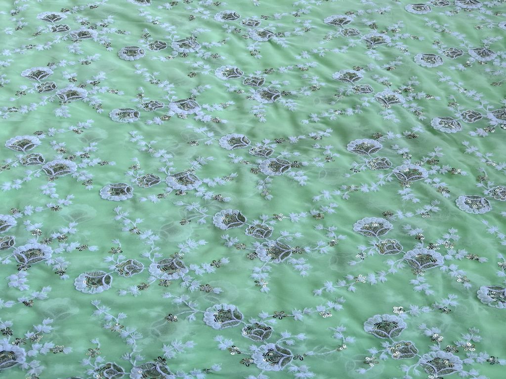 Mint Green Chikankari With Silver Sequins Embroidered Georgette Fabric