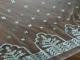 Off White Blue Thread Faux Mirror Work Embroidered Heavy Net Fabric