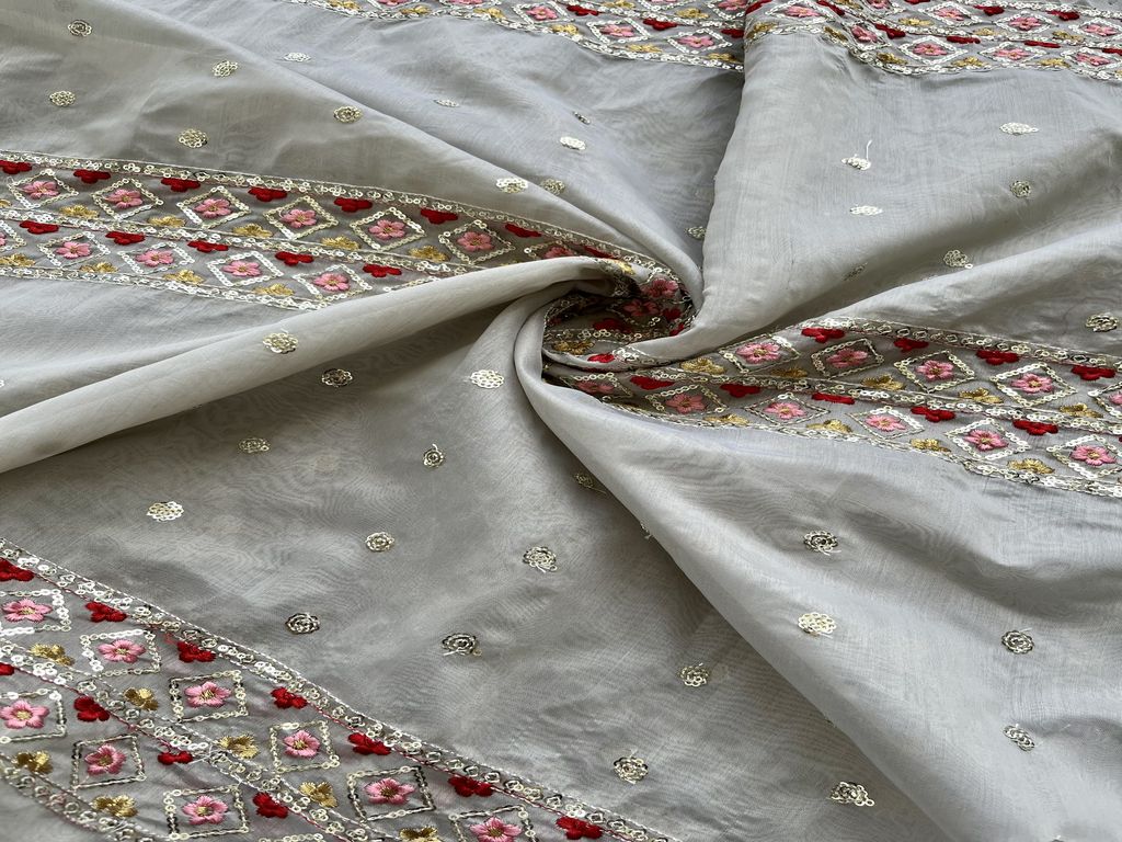 Grey Sequins & Thread Embroidered Chanderi Fabric