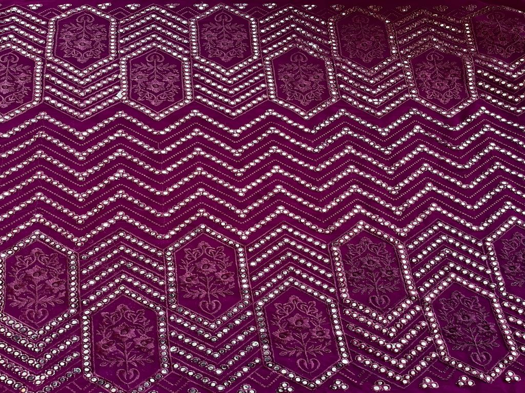 Wine Silver Faux Mirror Embroidered Georgette Fabric
