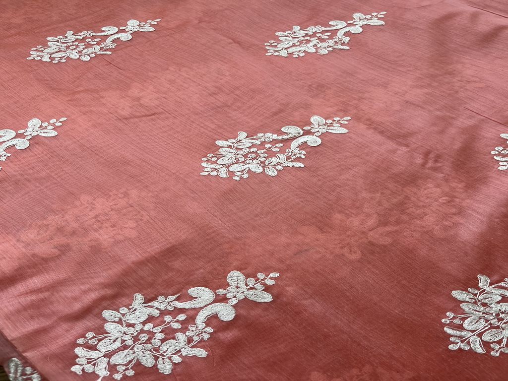 Light Gajri Red & White Motifs Embroidered Chanderi Fabric