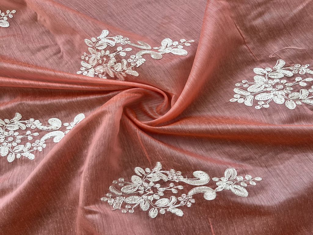 Light Gajri Red & White Motifs Embroidered Chanderi Fabric