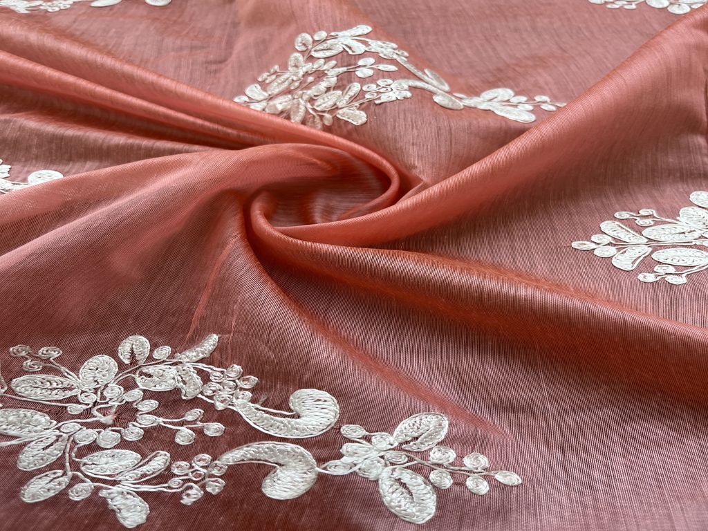 Light Gajri Red & White Motifs Embroidered Chanderi Fabric