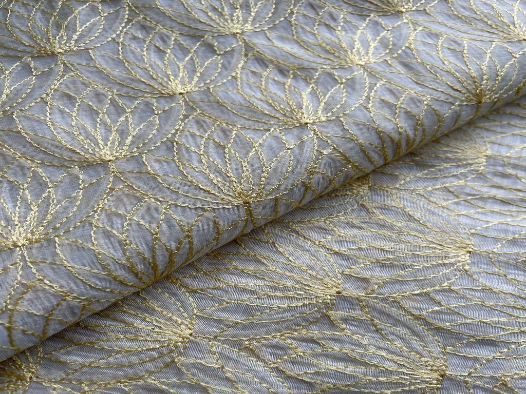 Off-white Lemon Thread Embroidered Chanderi Fabric