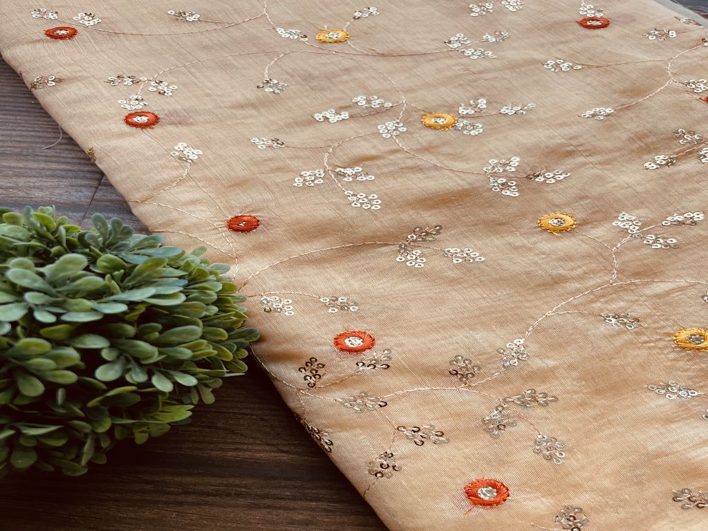 Peach With Silver Sequins And Yellow Thread Embroidery Chanderi Fabric