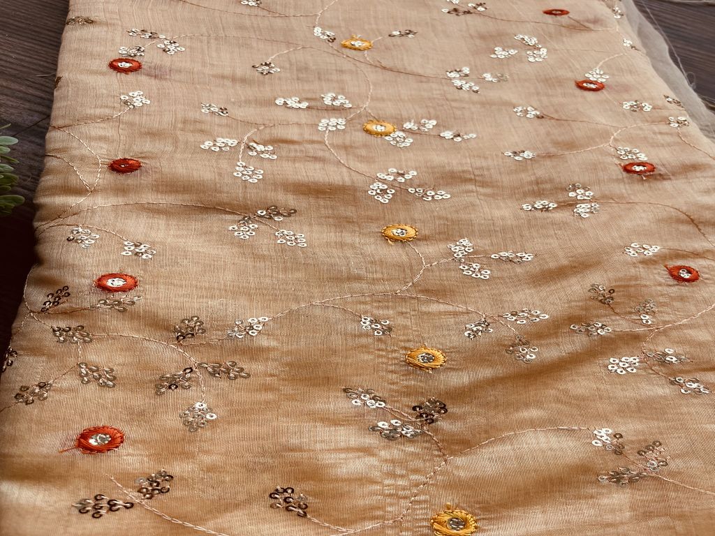 Peach With Silver Sequins And Yellow Thread Embroidery Chanderi Fabric